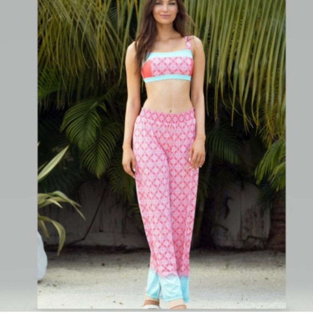 NWT Cabana Life Palazoo Pants Large Coral Teal High Rise